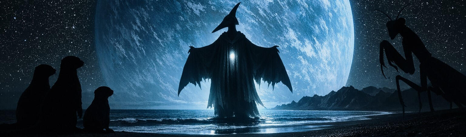 A blue planet glows behind a black sand beach inhabited by three lutrans, a dactyl in a a torn robe and a mantadon, hidden in the shadows.