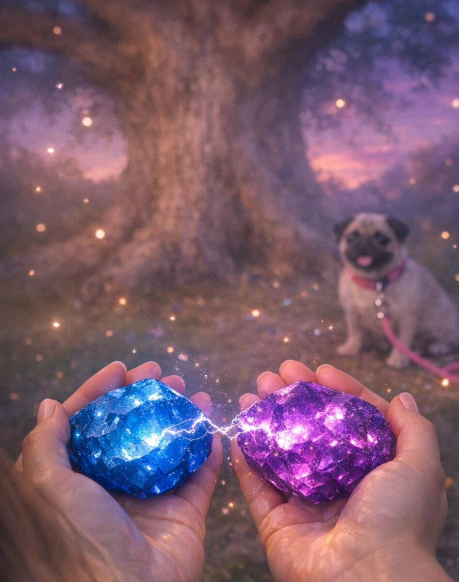Girl holding two stones. One blue, the other purple. The stones emit slight sparks of electricity. A large tree lies beyond where a dog (pug) sits patiently, his pink lead trailing.